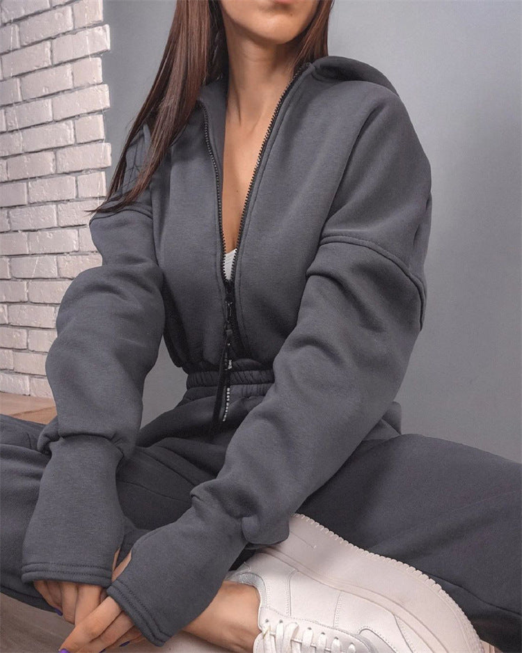 Damen Taillierter Kapuzen-Sweat-Jumpsuit mit Reißverschluss und elastischem Taillenbund Drune