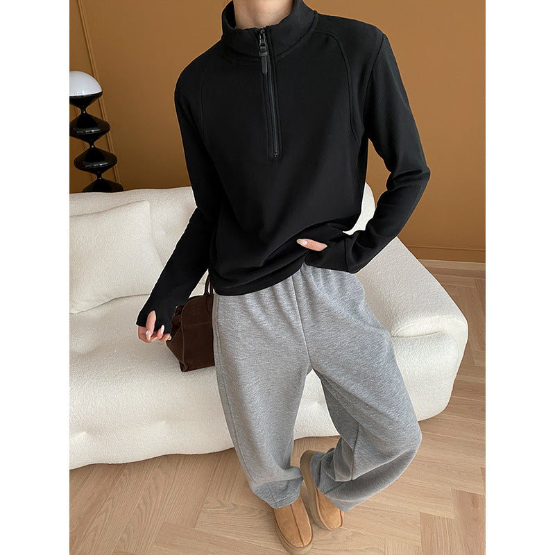 Damen langärmeliger Quarter-Zip Pullover mit hoher Passform und elastischen Bündchen Drune