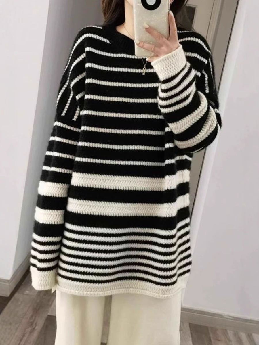 Damen Oversize-Longpullover aus grobem Streifenstrick mit Rundhalsausschnitt Drune