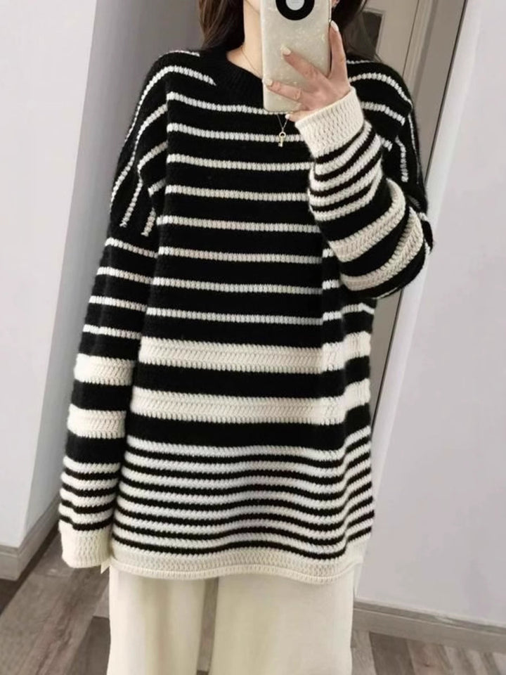 Damen Oversize-Longpullover aus grobem Streifenstrick mit Rundhalsausschnitt Drune