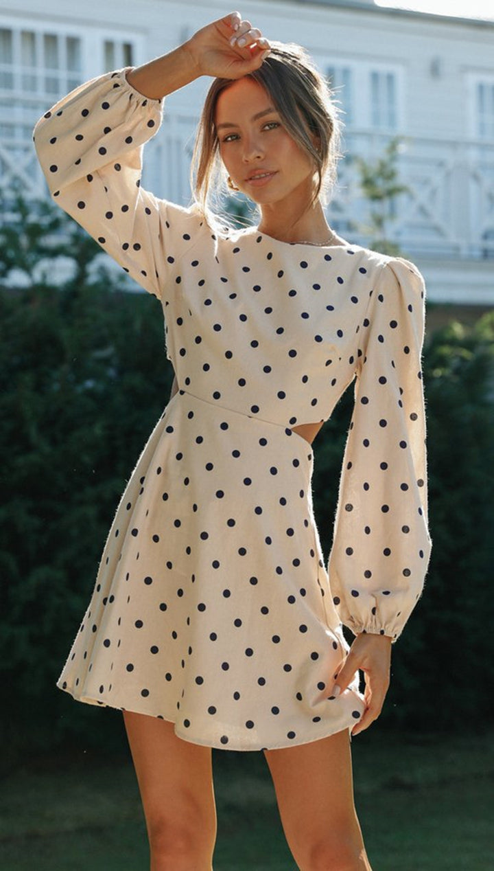 Damen Polka-Dots Minikleid mit voluminösen Ärmeln und tailliertem Schnitt Drune