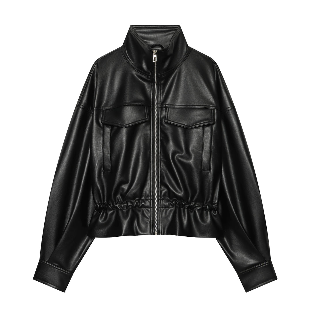 Damen Cropped Kunstlederjacke mit hohem Stehkragen, aufgesetzten Brusttaschen und Tunnelzug-Taille Drune