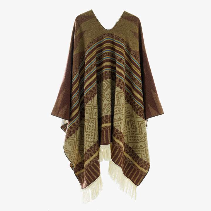 Damen Leichter Jacquard-Poncho mit Ethno-Motiv und Fransensaum Drune