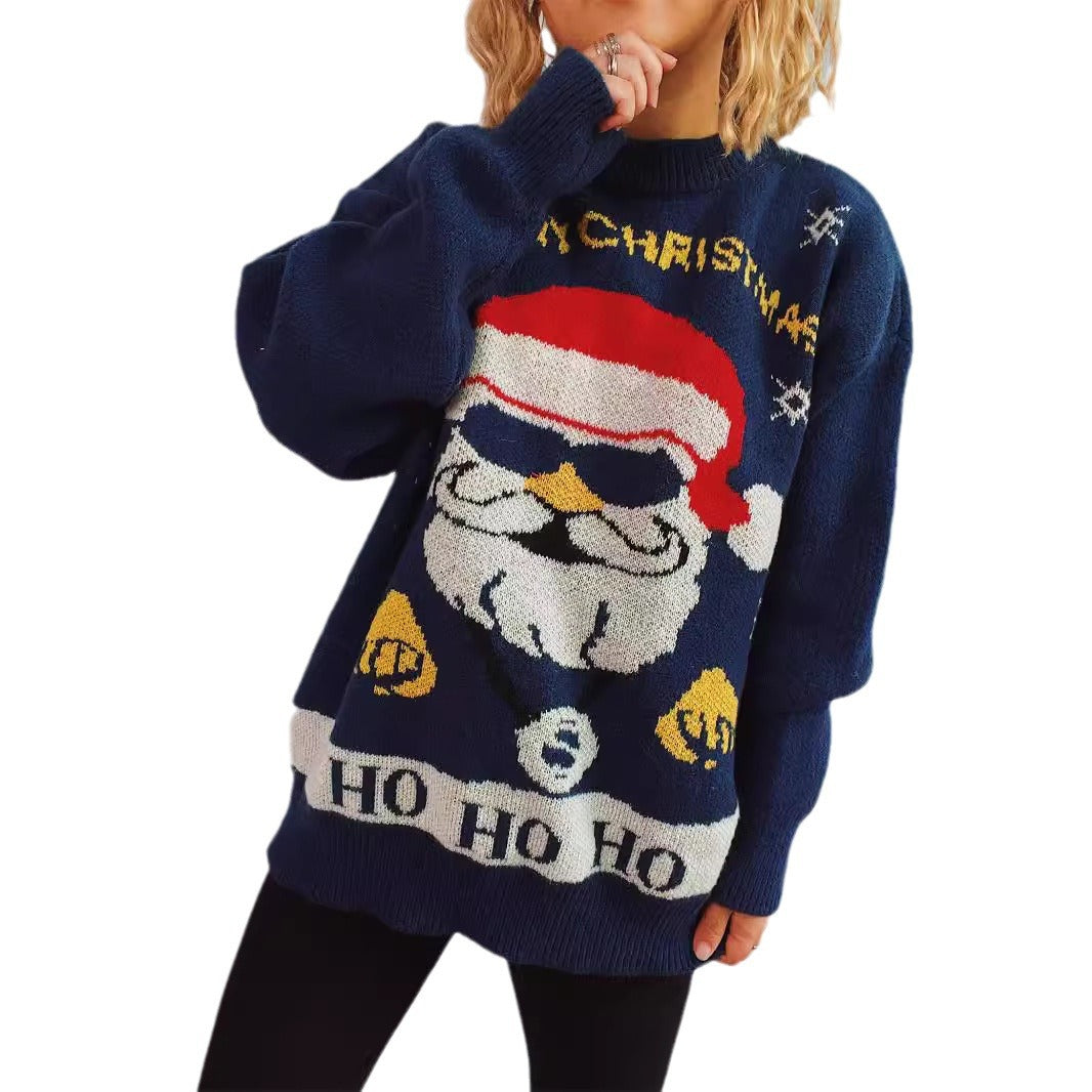 Damen weihnachtlicher Pullover mit festlichem Santa-Motiv und lockerer Passform Drune