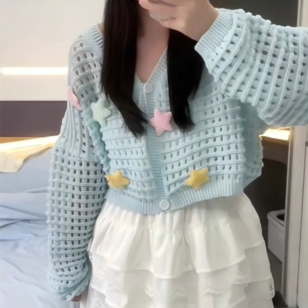 Damen lockerer Strick pullover mit bunten Applikationen Drune
