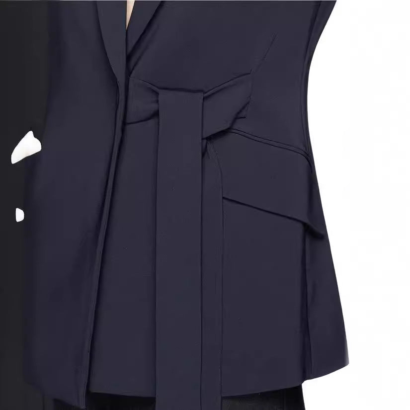 Damen Schalkragen-Wickelblazer mit seitlicher Knotenbindung und Pattentaschen Drune