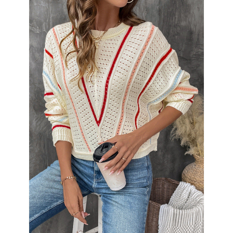 Damen Strickpullover mit großzügiger Lochmusterstruktur und farbigen Akzenten Drune