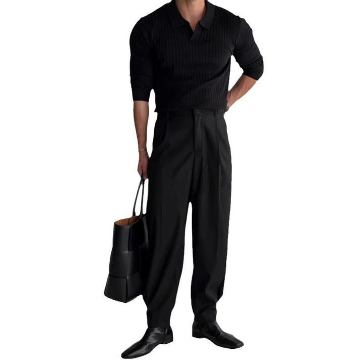 Herren nan figurbetontes Rippstrick-Polopullover mit offenem V-Ausschnitt und schmaler Passform Drune