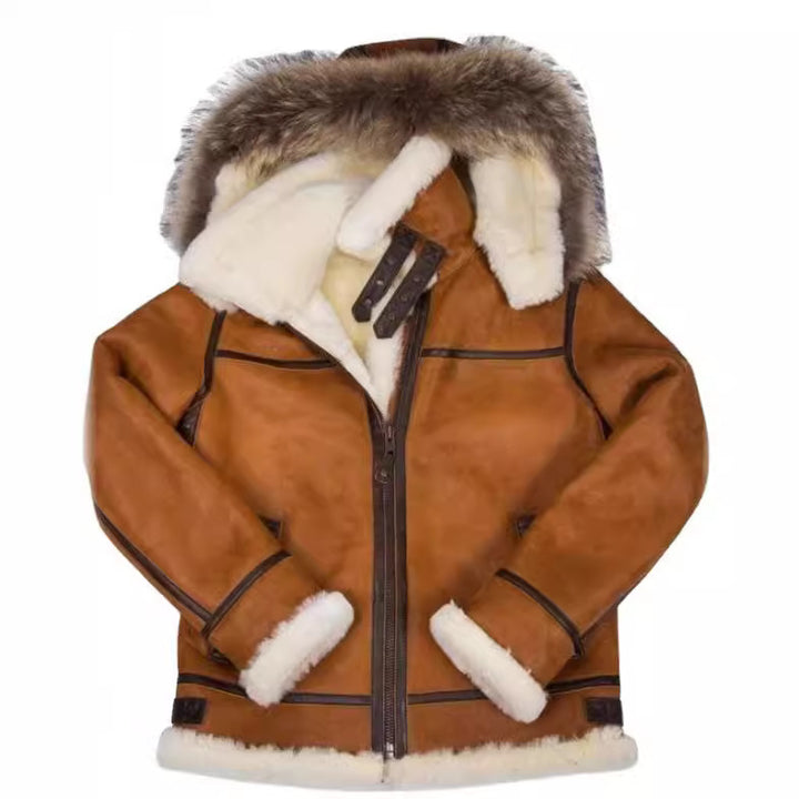 Herren Lammfell-Bomberjacke im Aviator-Stil mit Kapuze und Kontrastlederbesatz Drune
