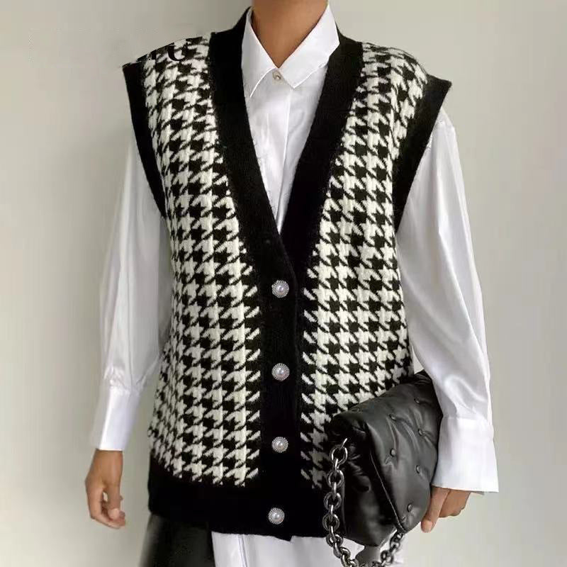 Damen Strickweste mit Hahnentrittmuster und eleganten Perlenknöpfen Drune