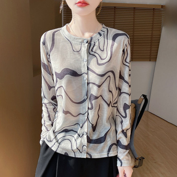 Damen Leichter Aquarell‑Print Feinstrick‑Cardigan mit Rundhalsausschnitt und Knopfleiste Drune