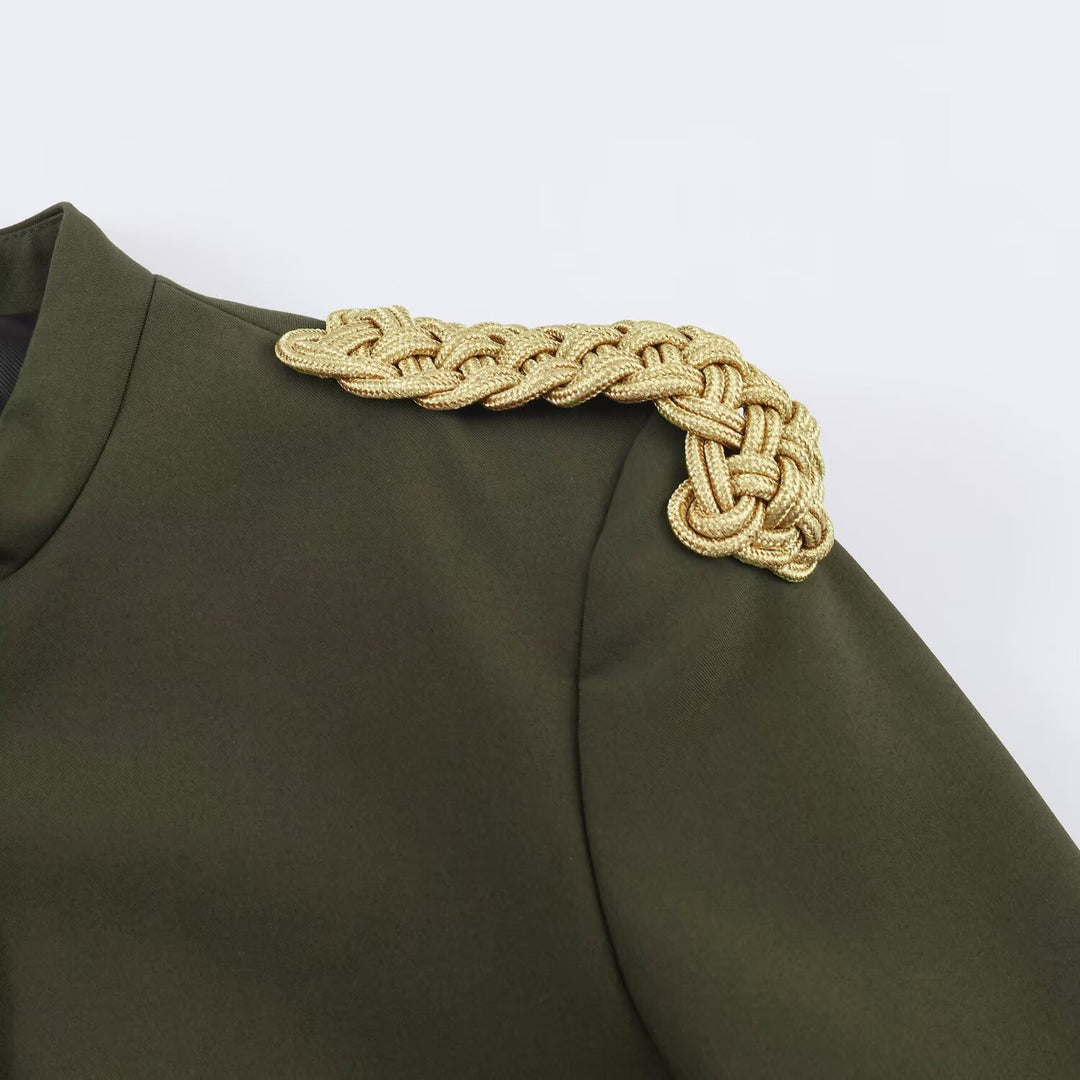 Damen Kurzer Militärblazer mit Stehkragen, goldverzierten Epauletten und dekorativen Knoten Drune