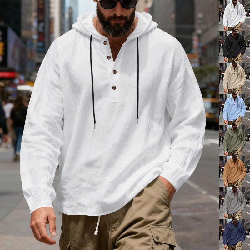 Herren nan leichter Kapuzenshirt mit Knopfleiste aus Leinenmischung und entspanntem Schnitt Drune