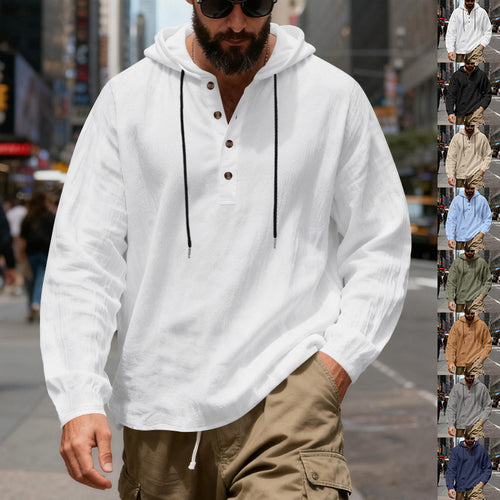 Herren nan leichter Kapuzenshirt mit Knopfleiste aus Leinenmischung und entspanntem Schnitt Drune
