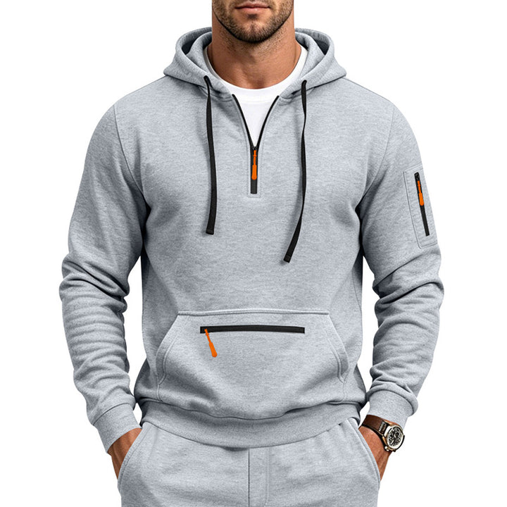 Herren Kapuzen-Sweatshirt mit Half-Zip, Kängurutasche und Reißverschlusstaschen Drune
