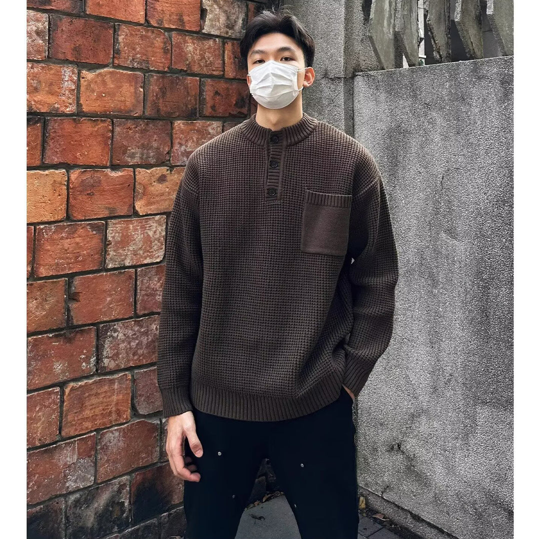 Herren Modischer Strickpullover mit Knopfleiste und Brusttasche Drune