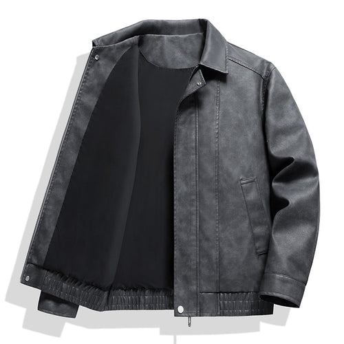 Herren Kurz geschnittene Kunstlederjacke im Vintage‑Look mit Hemdkragen & durchgehendem Reißverschluss Drune