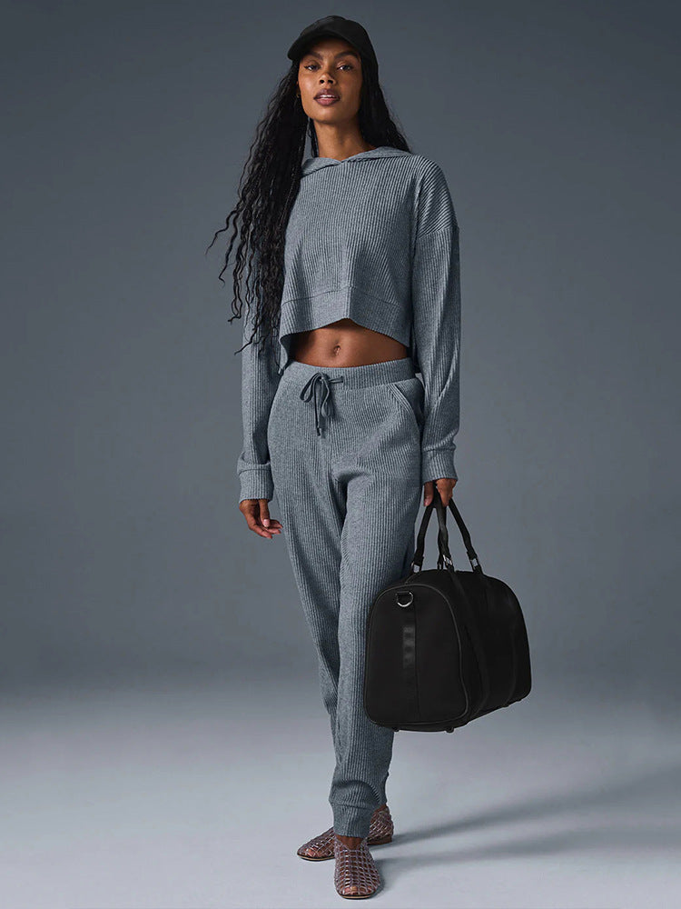 Damen Gerippte High‑Waist Loungehose mit Kordelzug und Bündchen Drune