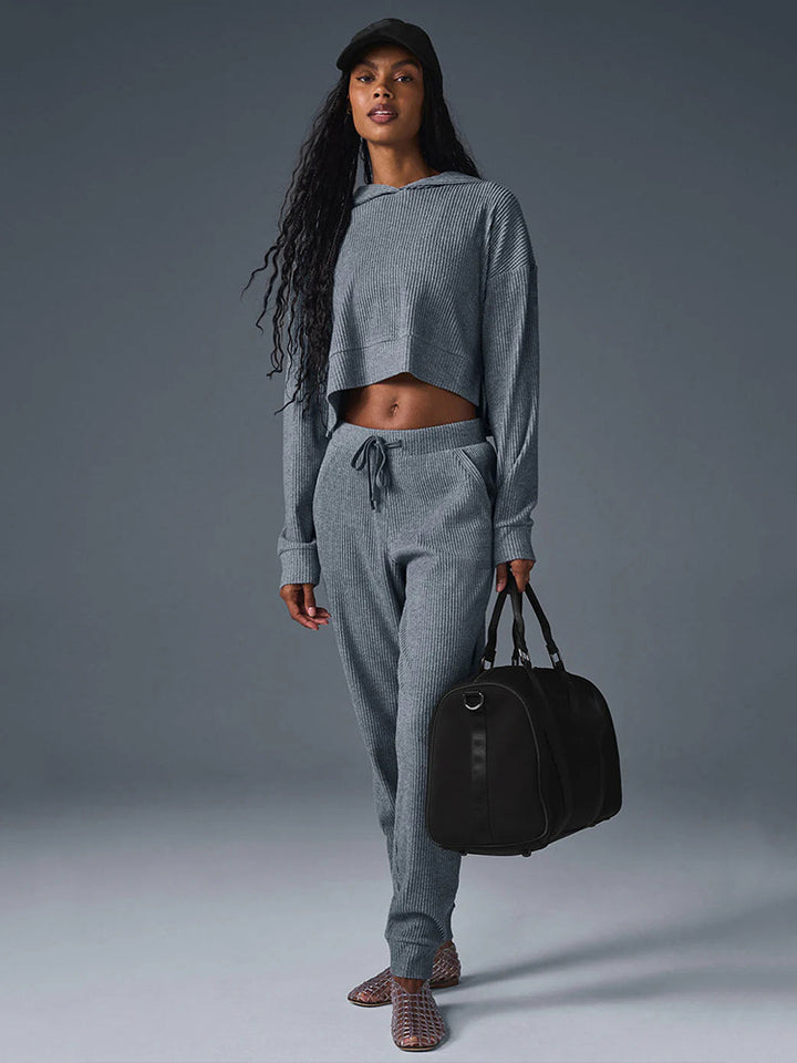 Damen Gerippte High‑Waist Loungehose mit Kordelzug und Bündchen Drune