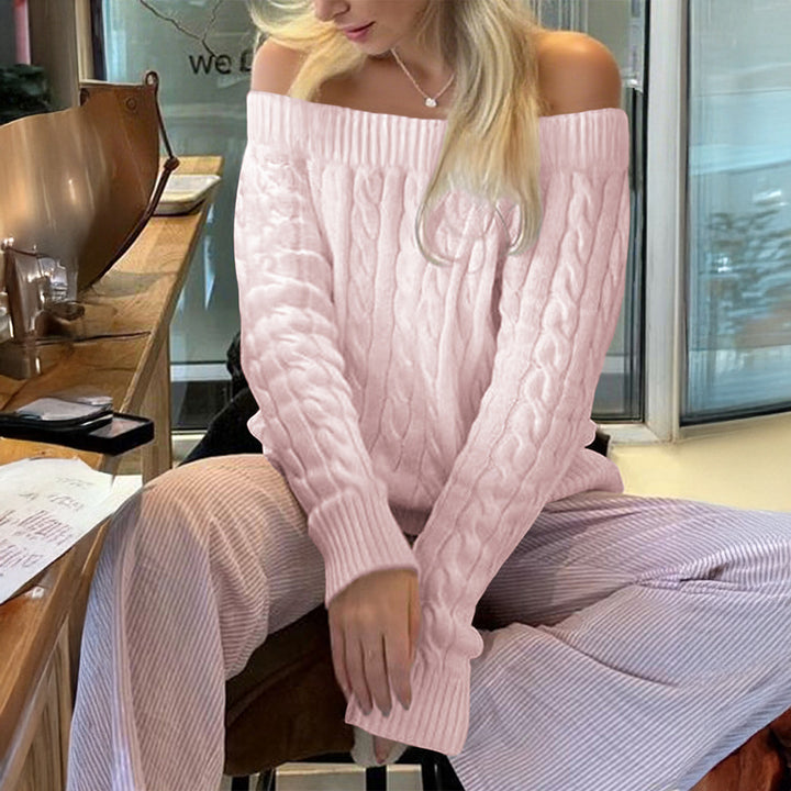 Damen nan oversized schulterfreier Zopfstrickpullover mit geripptem Ausschnitt und Ballonärmeln Drune