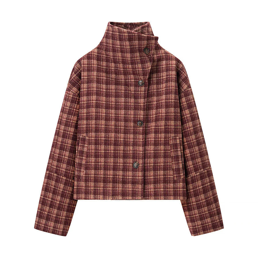 Damen nan boxy kurze Karo-Steppjacke mit hoher Kragenblende, asymmetrischer Knopfleiste und wattierter Innenlage Drune