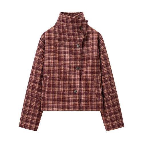 Damen nan boxy kurze Karo-Steppjacke mit hoher Kragenblende, asymmetrischer Knopfleiste und wattierter Innenlage Drune