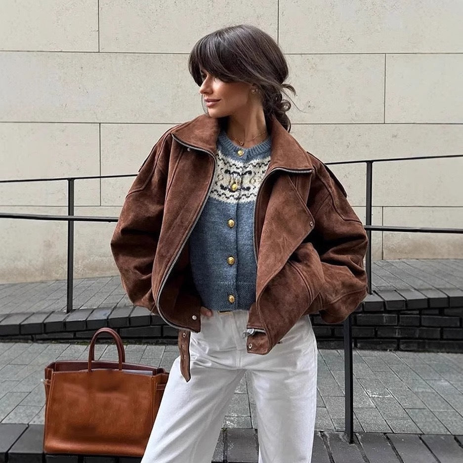 Damen Modische Kunstlederjacke mit breitem Kragen und Taillengürtel Drune