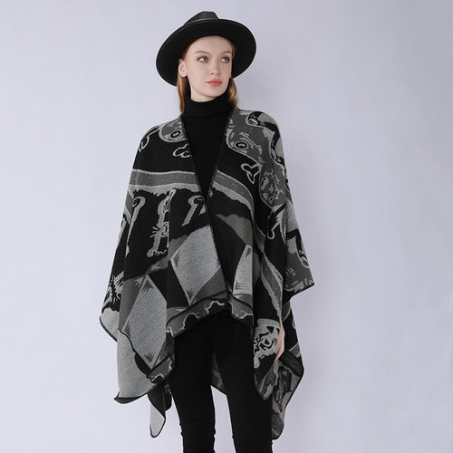 Damen Jacquard-Überwurfponcho mit musikalischem Ornament und Rollkante Drune