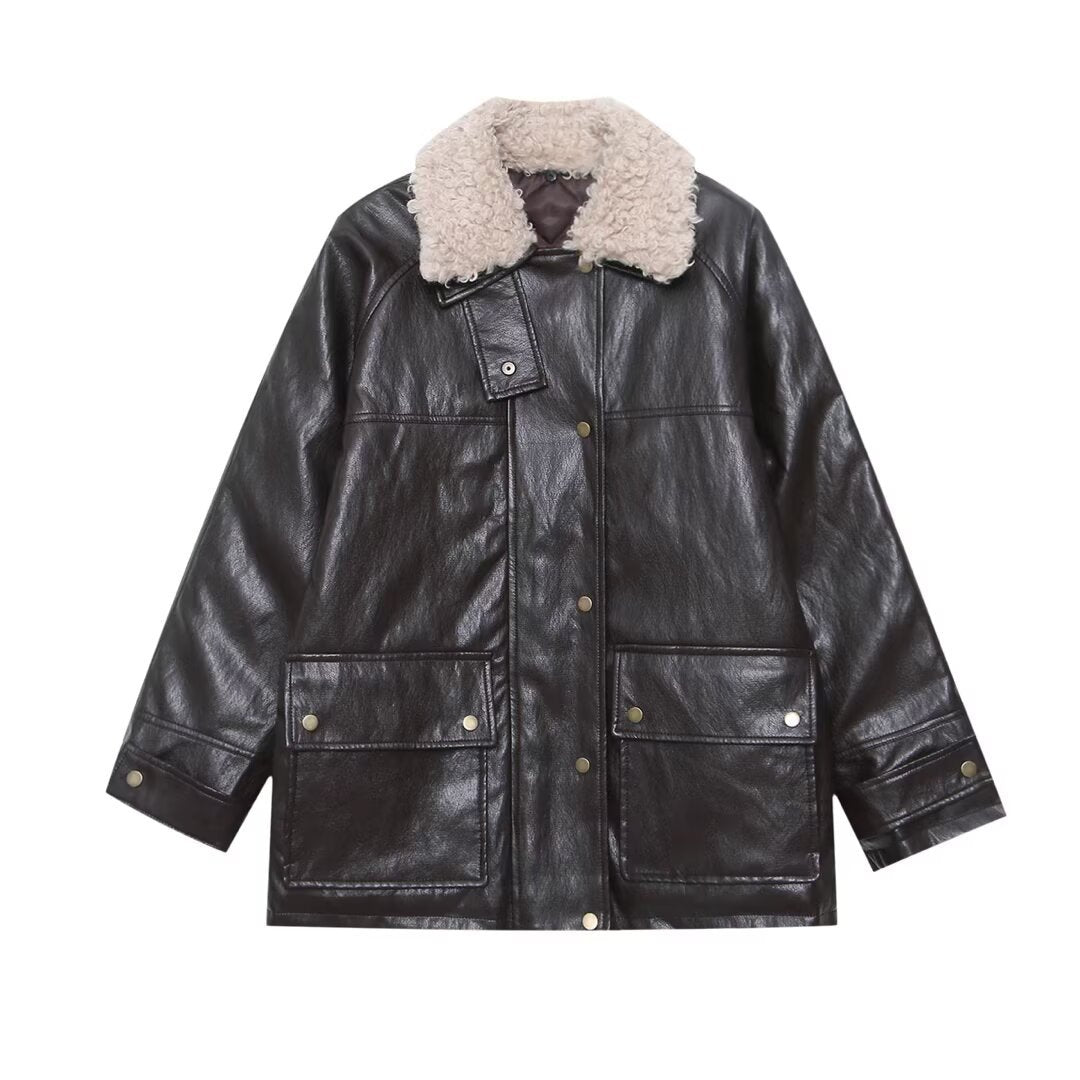 Damen Oversized Kunstleder-Fieldjacke mit abnehmbarem Teddykragen und aufgesetzten Pattentaschen Drune