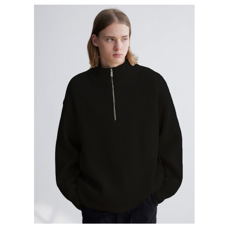 Herren Oversized-Rippenstrick Halbzip-Pullover mit Stehkragen Drune