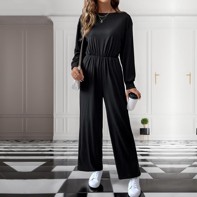 Damen Lässiger Einteiler mit elastischer Taille, Seitentaschen und weitem Bein Drune
