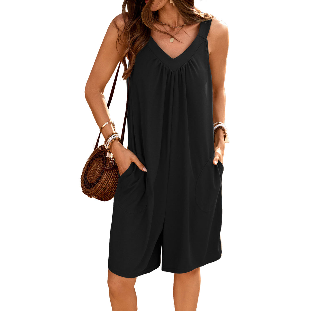 Damen ärmelloses Jumpsuit mit tiefem V-Ausschnitt und praktischen Taschen Drune