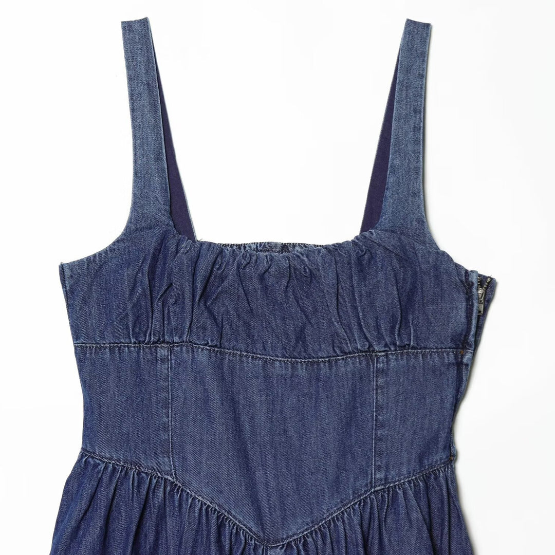 Damen Denim Maxikleid mit schwingendem Rock und verstellbaren Trägern Drune