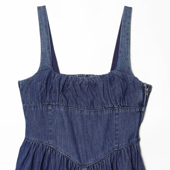 Damen Denim Maxikleid mit schwingendem Rock und verstellbaren Trägern Drune