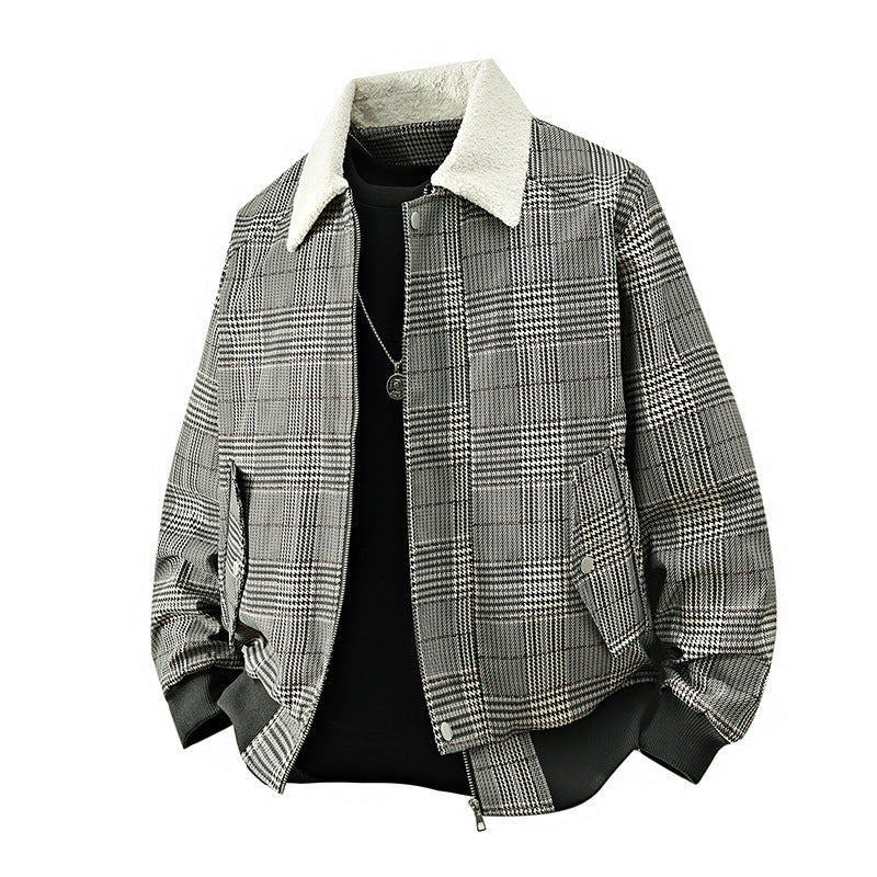 Herren kariertes Bomber-Übergangsjacke mit Teddykragen & gerippten Bündchen Drune