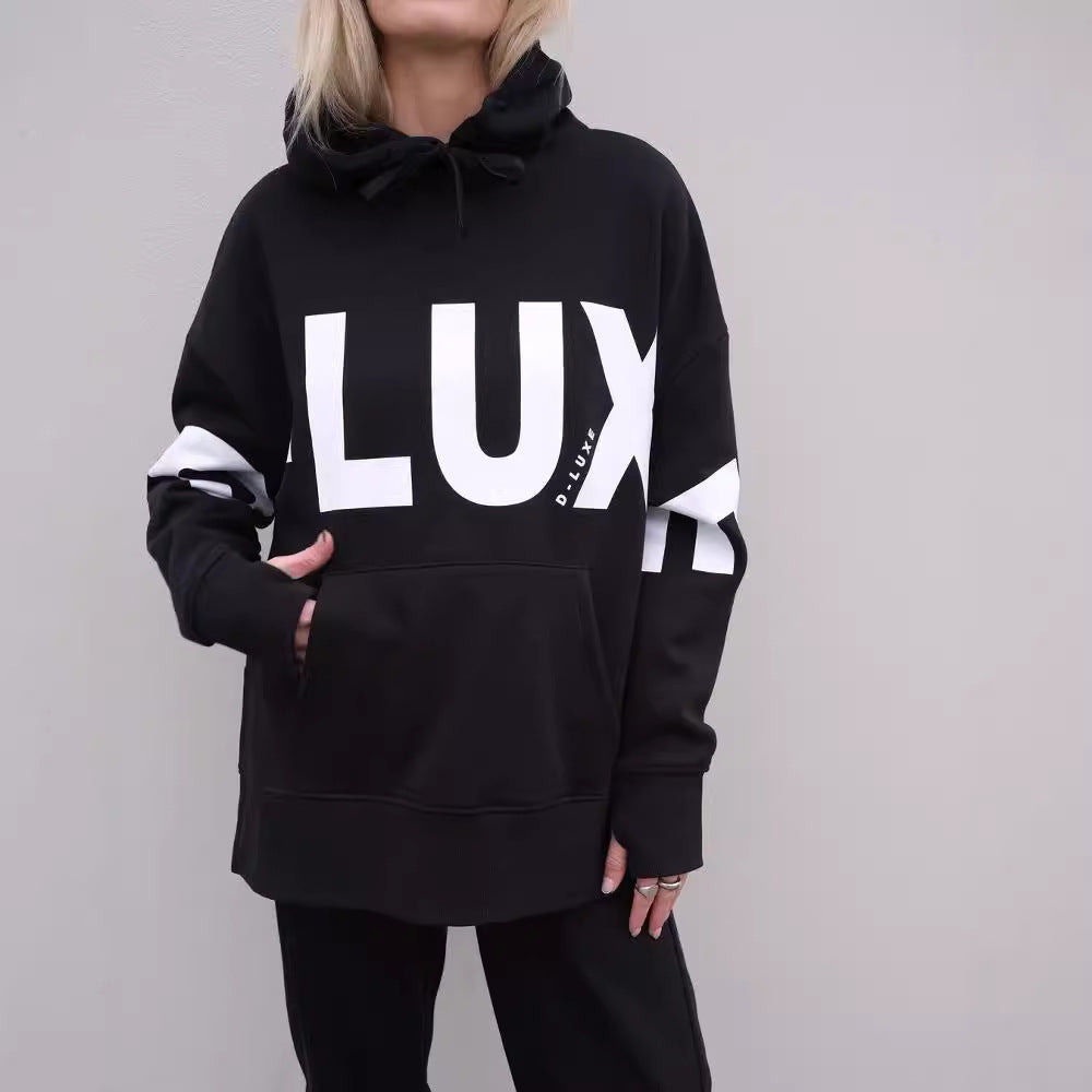Damen Oversized Kapuzenpullover mit markantem Logoprint, Kängurutasche und Seitenschlitzen Drune