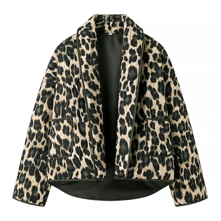 Damen nan cropped Steppjacke mit Leopardenprint, breitem Schalkragen und kontrastpaspel Drune