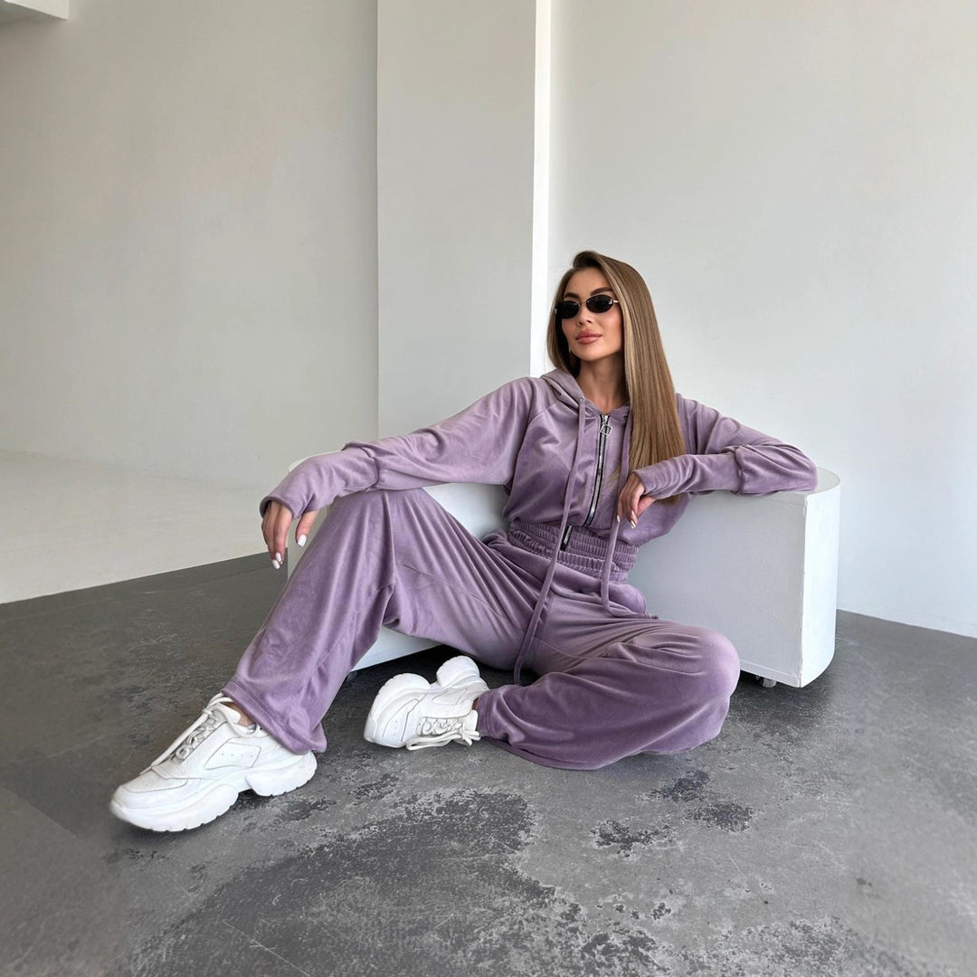 Damen Velours-Lounge-Set mit Cropped Kapuzenjacke und High-Waist weitem Bein Drune