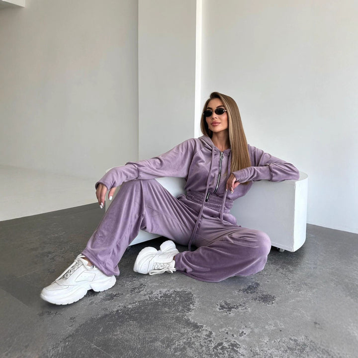 Damen Velours-Lounge-Set mit Cropped Kapuzenjacke und High-Waist weitem Bein Drune
