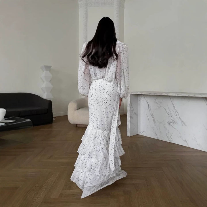 Damen Maxikleid aus Chiffon mit Wickeloberteil, Schluppe und gestuftem Volant‑Rock Drune