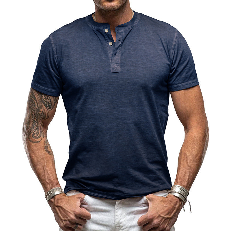 Herren nan athletisches Henley-T-Shirt aus strukturierter Slub-Baumwolle mit kurzer Knopfleiste Drune
