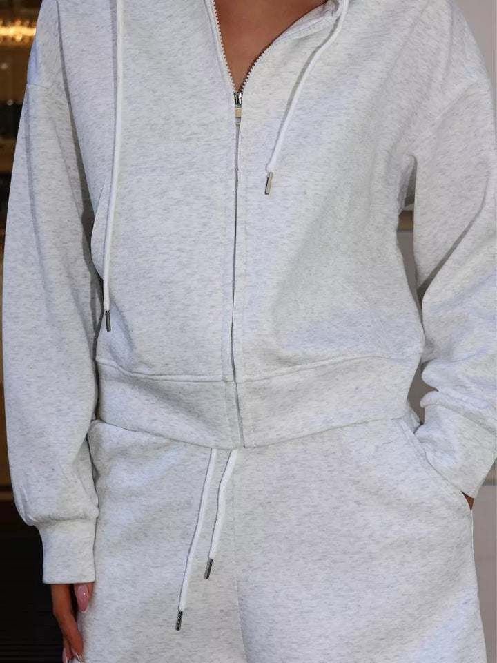 Damen nan kurzes Kapuzen-Sweatshirt mit Reißverschluss und elastischer Highwaist-Relax-Shorts Set Drune