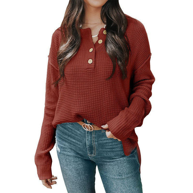 Damen nan lockerer Waffelstruktur Henley Pullover mit Knopfleiste und überschnittener Schulter Drune