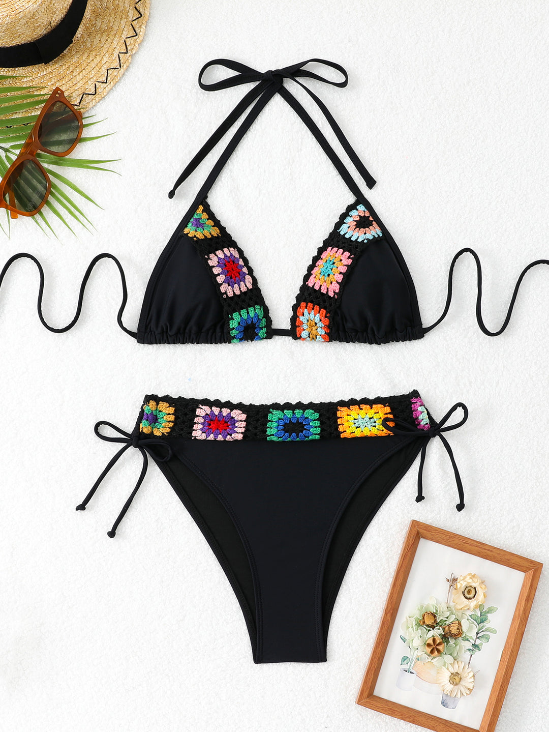 Damen Triangel-Bikini mit kreativen Häkelapplikationen Drune
