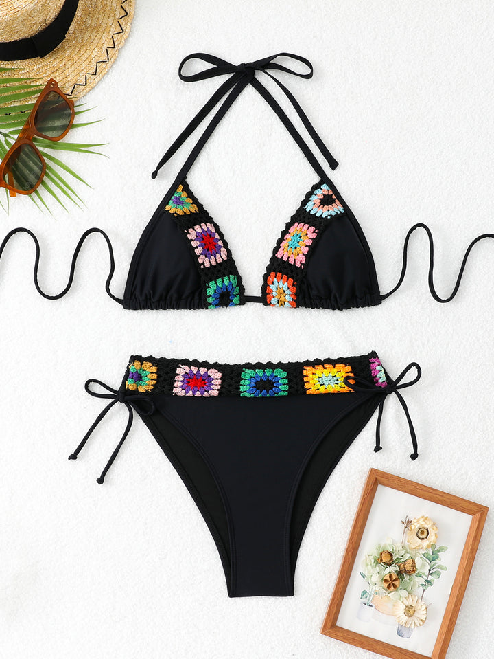 Damen Triangel-Bikini mit kreativen Häkelapplikationen Drune