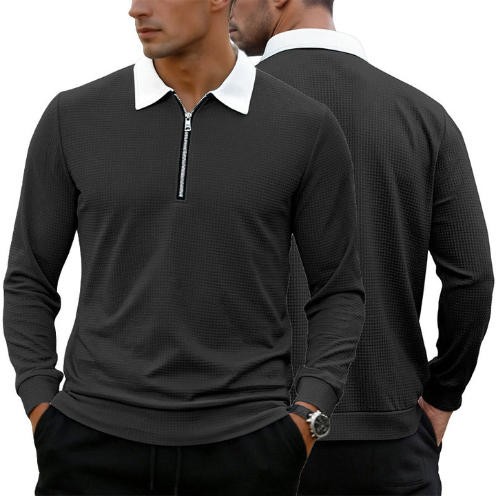Herren Elegantes Waffelstruktur-Poloshirt mit Halbzip und Kontrastkragen Drune