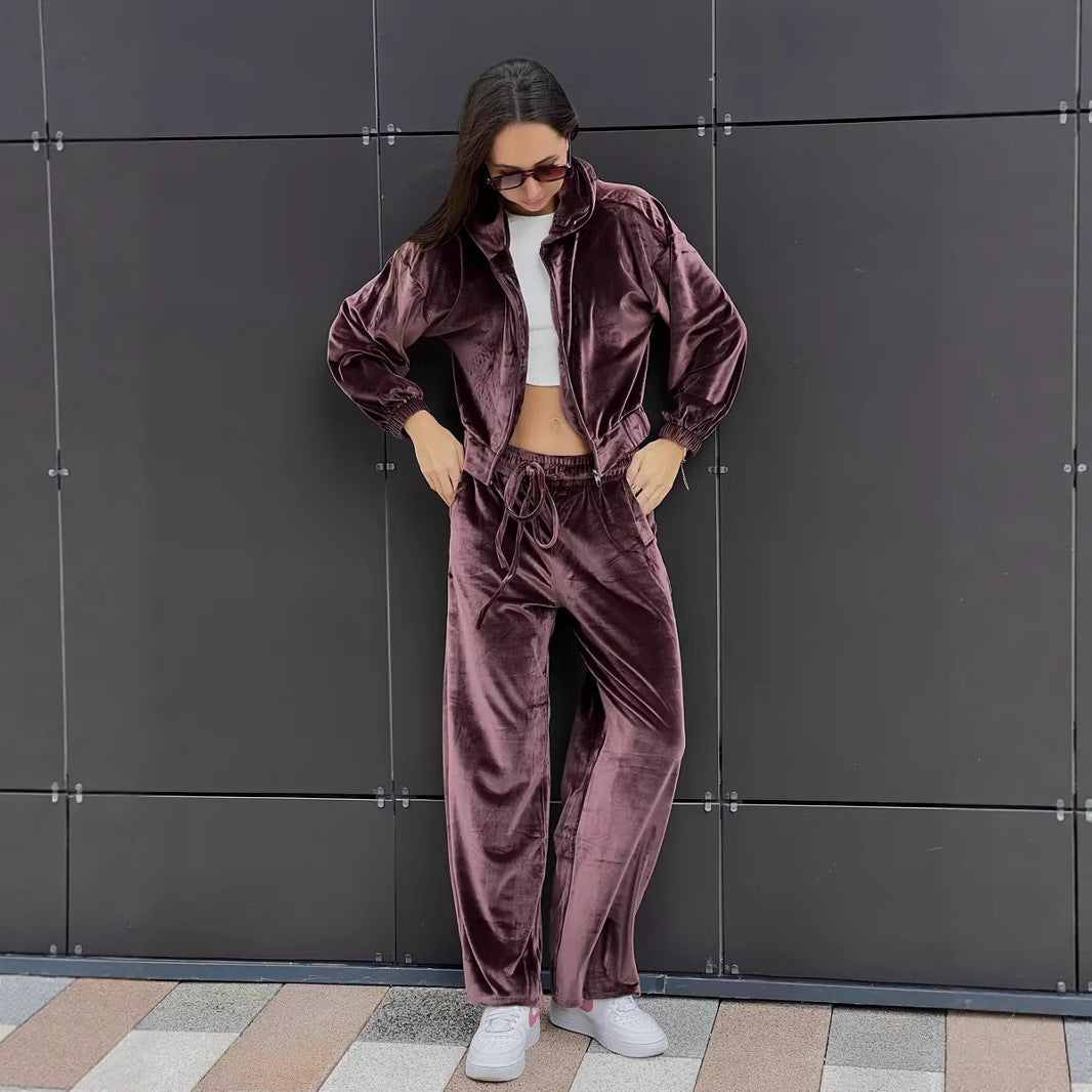 Damen weiches Velours-Lounge-Set mit kurzer Reißverschluss-Kapuzenjacke und weiter High-Waist-Hose Drune