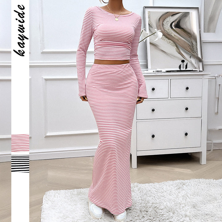 Damen nan gestreiftes zweiteiliges Bodycon-Set mit Langarm-Crop-Top und tailliertem Maxirock Drune