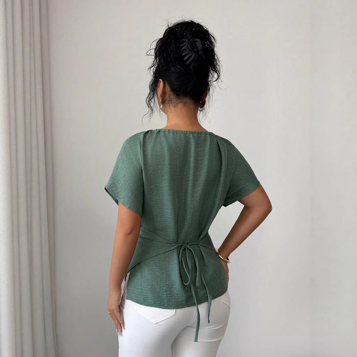 Damen Tailliertes Leinenoptik-Top mit Schlüsselöffnung, Perlen-Detail und Drapierung Drune