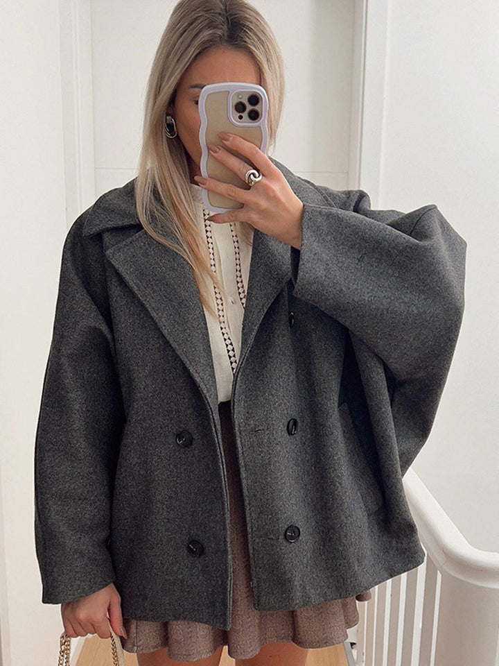 Damen Boxy-Wollmix-Cocoon-Jacke mit doppelreihiger Knopfleiste und weitem Revers Drune